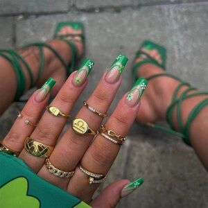 Green Floral Press On Nails